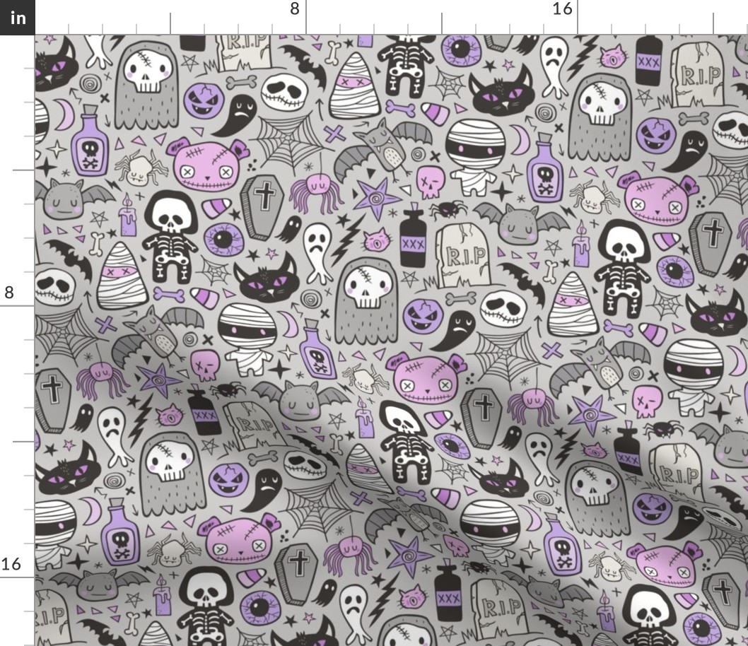 Halloween Doodle Skulls,Spiders,Skeleton,Bat, Ghost,Web, Zombies  Purple on Light Grey