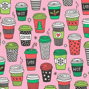 Christmas Holidays Coffee Latte Geometric Patterned Black & White Red on Pink