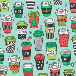 Christmas Holidays Coffee Latte Geometric Patterned Black & White Red on  Mint Green
