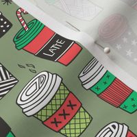 Christmas Holidays Coffee Latte Geometric Patterned Black & White Red on Olive Green