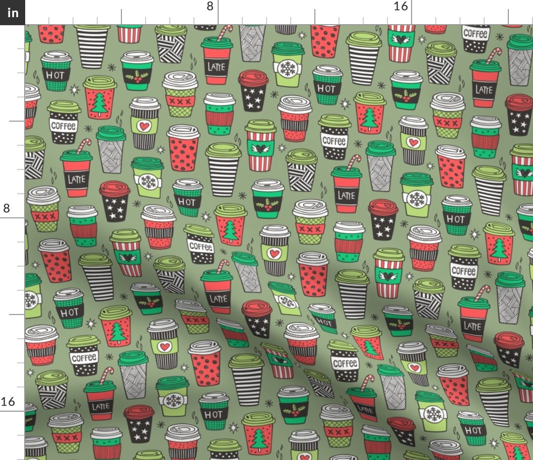 Christmas Holidays Coffee Latte Geometric Patterned Black & White Red on Olive Green