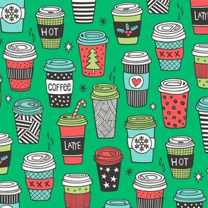 Christmas Holidays Coffee Latte Geometric Patterned Black & White Red on Green