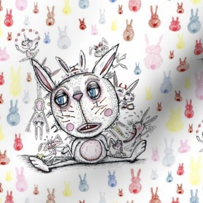 sad bunny, large scale, white pastel pastels pink blue red yellow brown