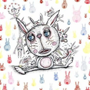 sad bunny, large scale, white pastel pastels pink blue red yellow brown