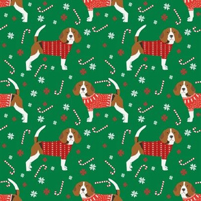 beagle christmas sweater fabric peppermint stick candy cane snowflakes dog fabric - medium green
