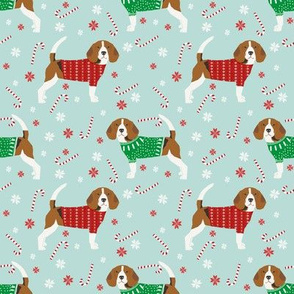 beagle christmas sweater fabric peppermint stick candy cane snowflakes dog fabric - lite blue