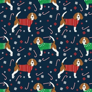 beagle christmas sweater fabric peppermint stick candy cane snowflakes dog fabric - dark navy