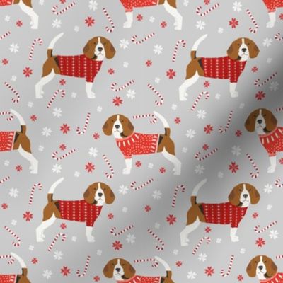 beagle christmas sweater fabric peppermint stick candy cane snowflakes dog fabric - grey