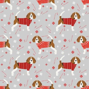 beagle christmas sweater fabric peppermint stick candy cane snowflakes dog fabric - grey