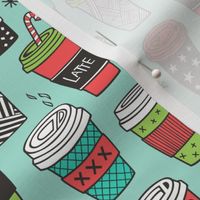 Christmas Holidays Coffee Latte Geometric Patterned Black & White Mint Red on Mint Green