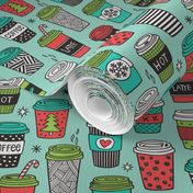 Christmas Holidays Coffee Latte Geometric Patterned Black & White Mint Red on Mint Green