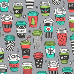 Christmas Holidays Coffee Latte Geometric Patterned Black & White Mint Green Red on  Dark Grey