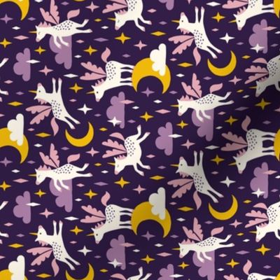 Unicorns in the sky in purple (small/dark) Rotated