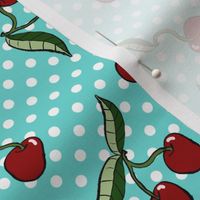 Cherries polka dots on green-blue background
