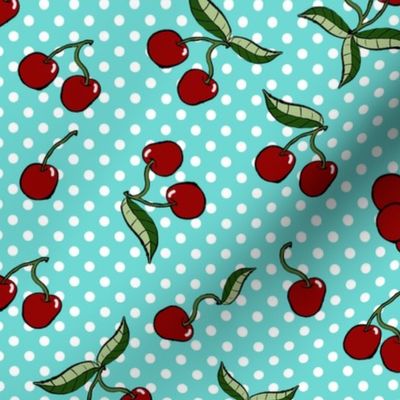 Cherries polka dots on green-blue background