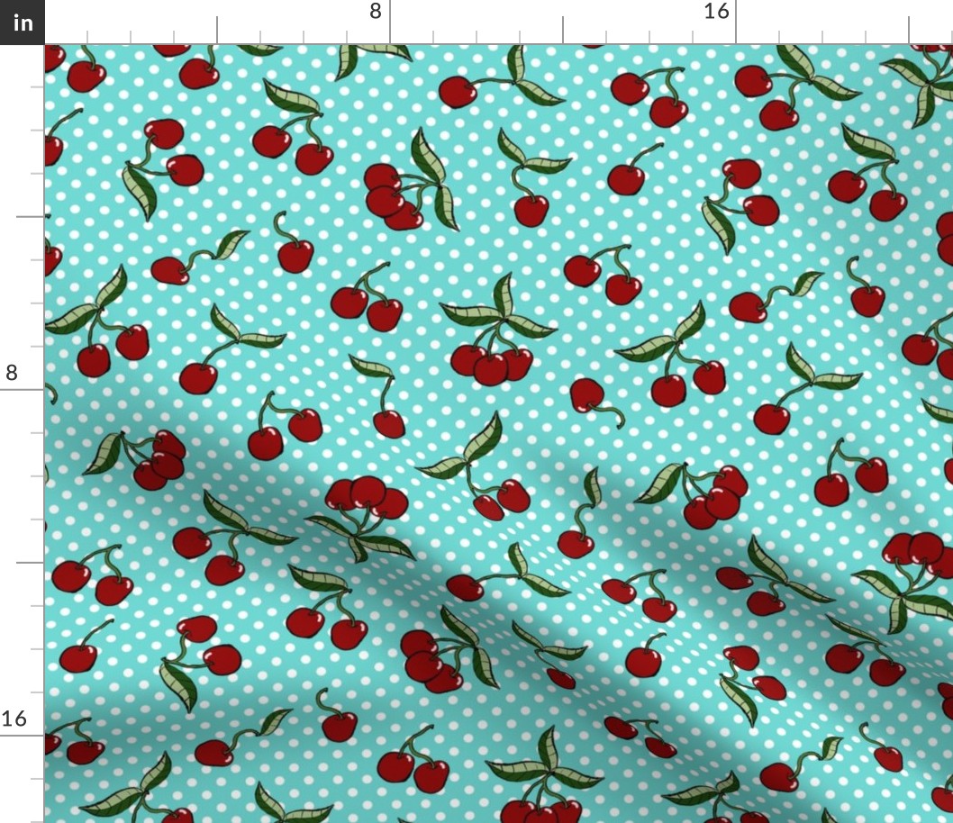 Cherries polka dots on green-blue background