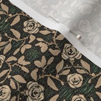 Old Fashioned Textured Meandering Roses in Beige Ecru and Green