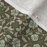 Old Fashioned Textured Meandering Roses in Light Green on Chocolate