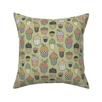 Geometrical Acorns Fall Autumn on Olive Green