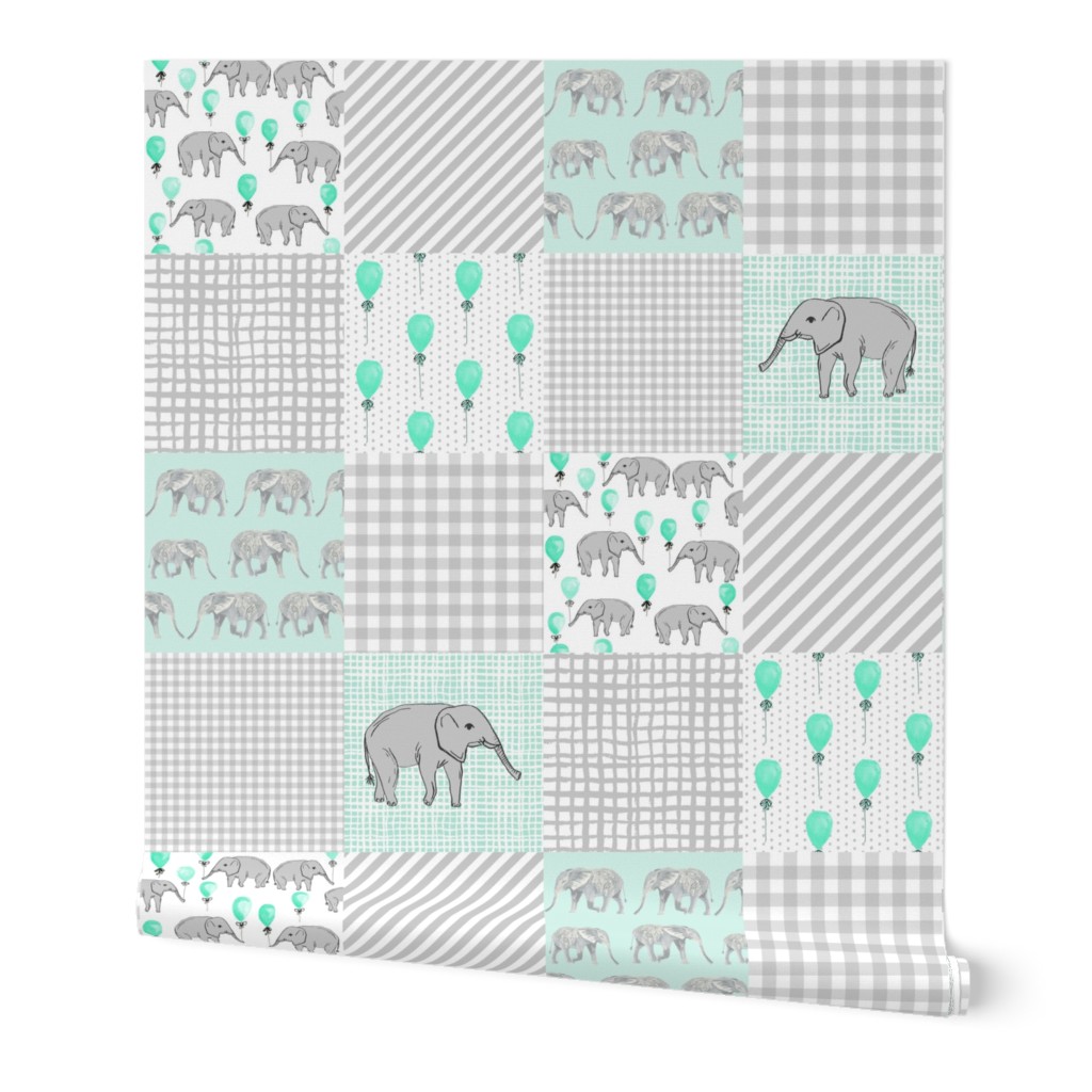 elephant cheater quilt balloon mint and aqua and grey design 