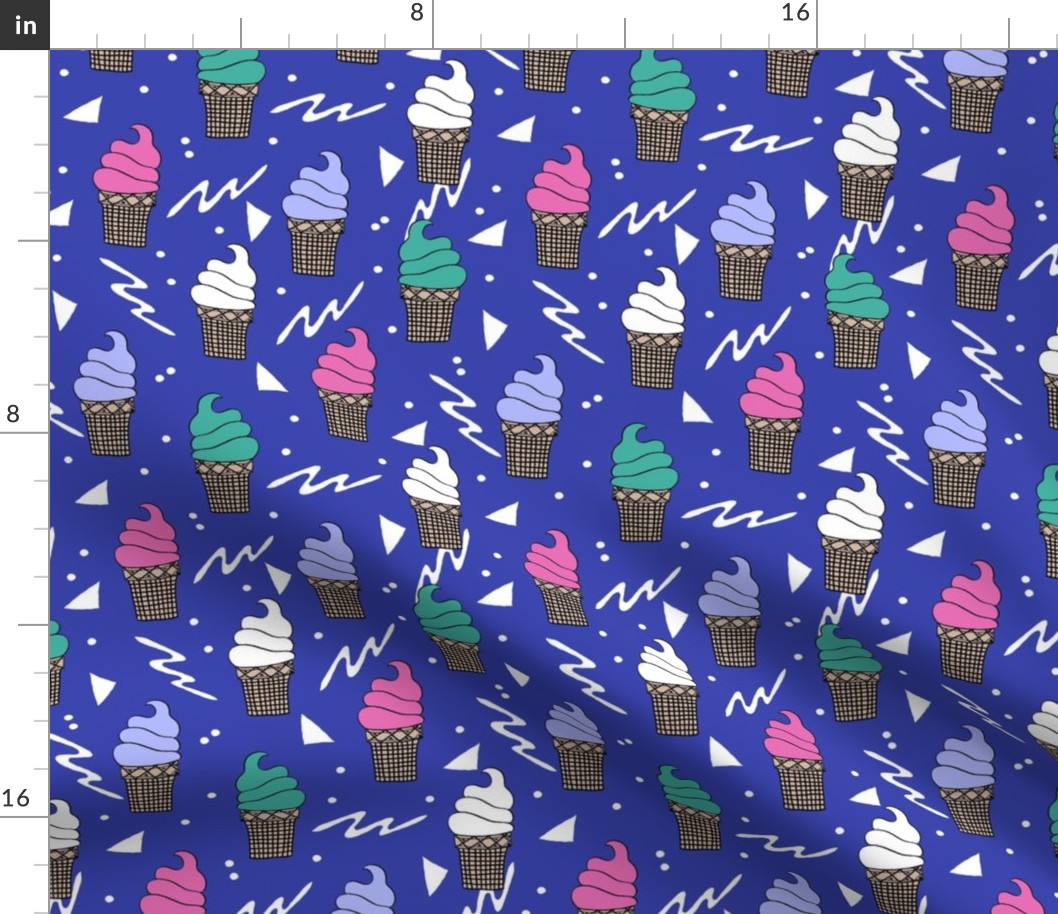 ice cream fabric // 80s 90s rad waffle cone food kawaii design - bright blue