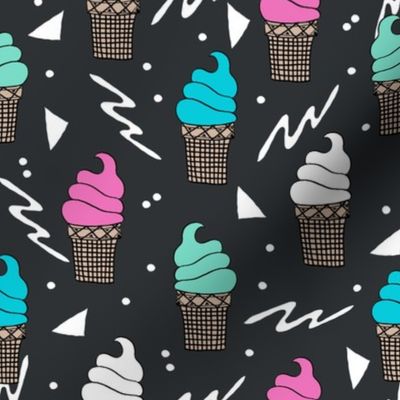 ice cream fabric // 80s 90s rad waffle cone food kawaii design - charcoal