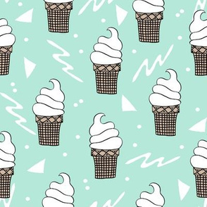 ice cream fabric // 80s 90s rad waffle cone food kawaii design - mint and white