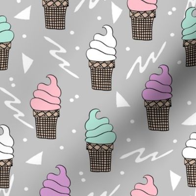 ice cream fabric // 80s 90s rad waffle cone food kawaii design - grey