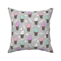 ice cream fabric // 80s 90s rad waffle cone food kawaii design - grey