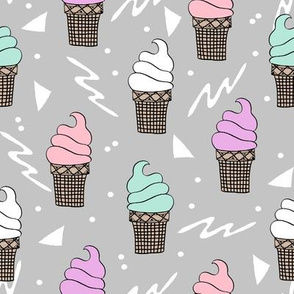 ice cream fabric // 80s 90s rad waffle cone food kawaii design - grey