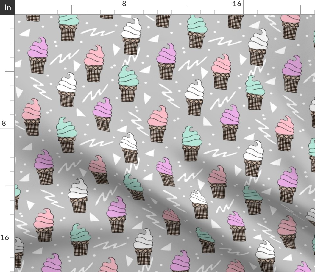 ice cream fabric // 80s 90s rad waffle cone food kawaii design - grey