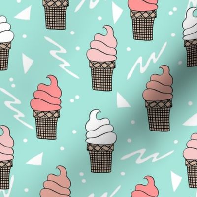 ice cream fabric // 80s 90s rad waffle cone food kawaii design - mint and peach