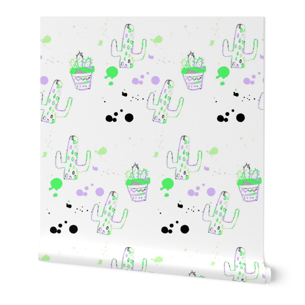 4" 80s Cactus Doodle Neon Green & Lilac - White