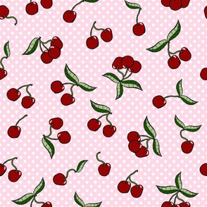 cherries white polka dots on pink