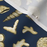 Golden Shells and Coral on Navy