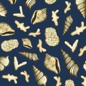 Golden Shells and Coral on Navy