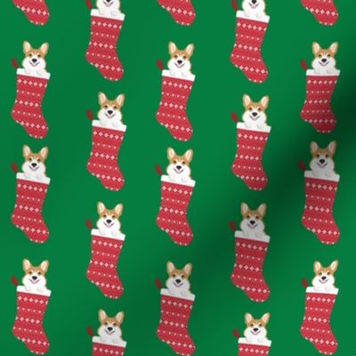 corgi stocking fabric - cute dog in stocking design - green