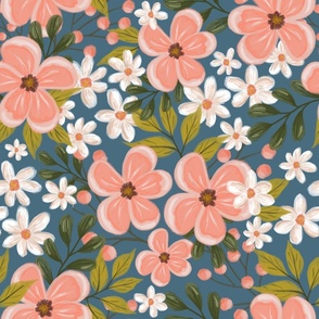 Pink Wildflower Blue Background (big pattern)