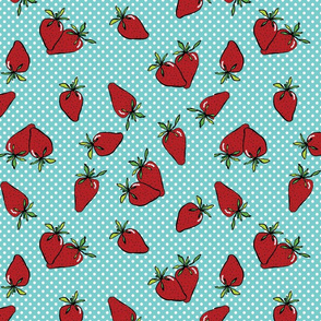 Strawberries on white dots and aqua background