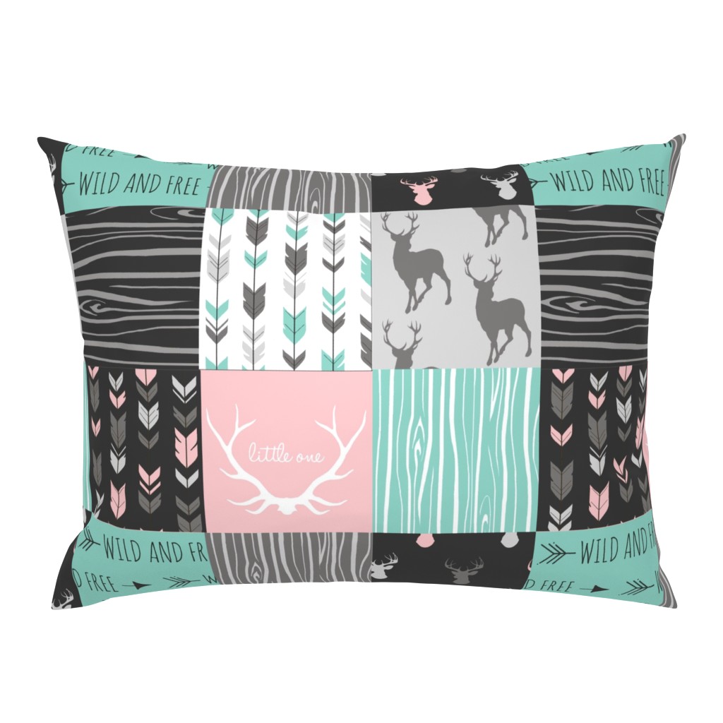 Patchwork Deer - Deep Aqua and Pink, Black