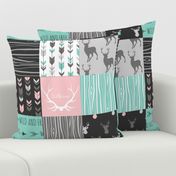 Patchwork Deer - Deep Aqua and Pink, Black