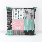 Patchwork Deer - Deep Aqua and Pink, Black