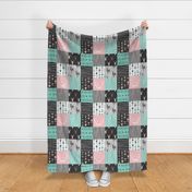 Patchwork Deer - Deep Aqua and Pink, Black