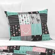 Patchwork Deer - Deep Aqua and Pink, Black