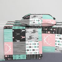 Patchwork Deer - Deep Aqua and Pink, Black