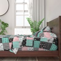 Patchwork Deer - Deep Aqua and Pink, Black