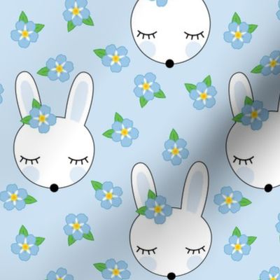 bunnies and-forget-me-knots-on-blue