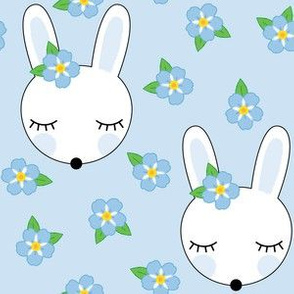 bunnies and-forget-me-knots-on-blue