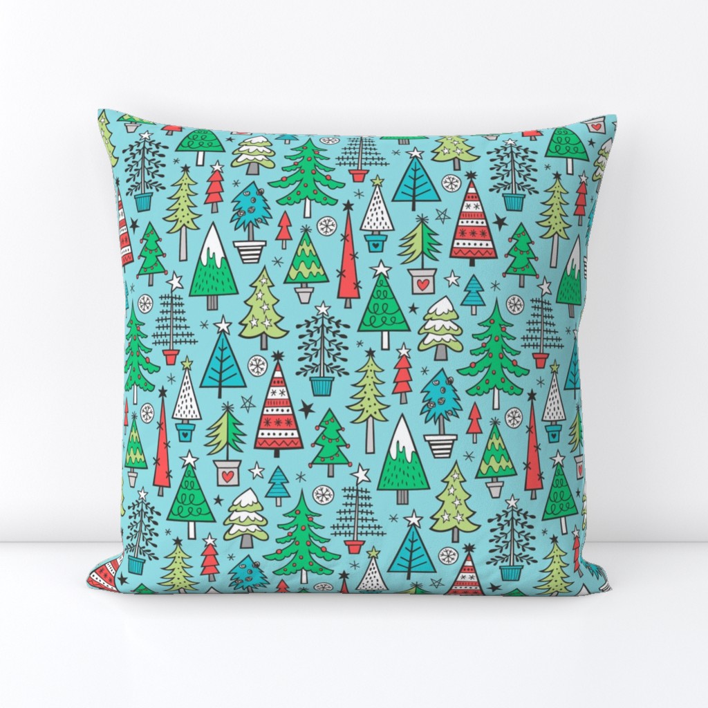 Christmas Trees Doodle Forest Woodland Red on Blue