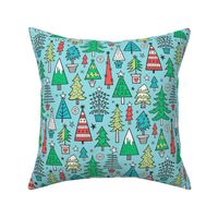 Christmas Trees Doodle Forest Woodland Red on Blue